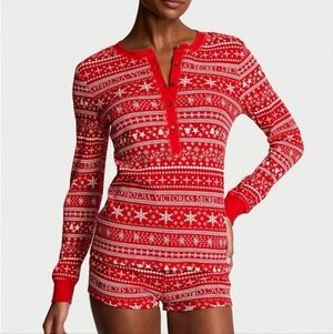 VICTORIA'S SECRET | Red White Fair Isle Thermal Long Sleeve Shorts Pajamas | XXL